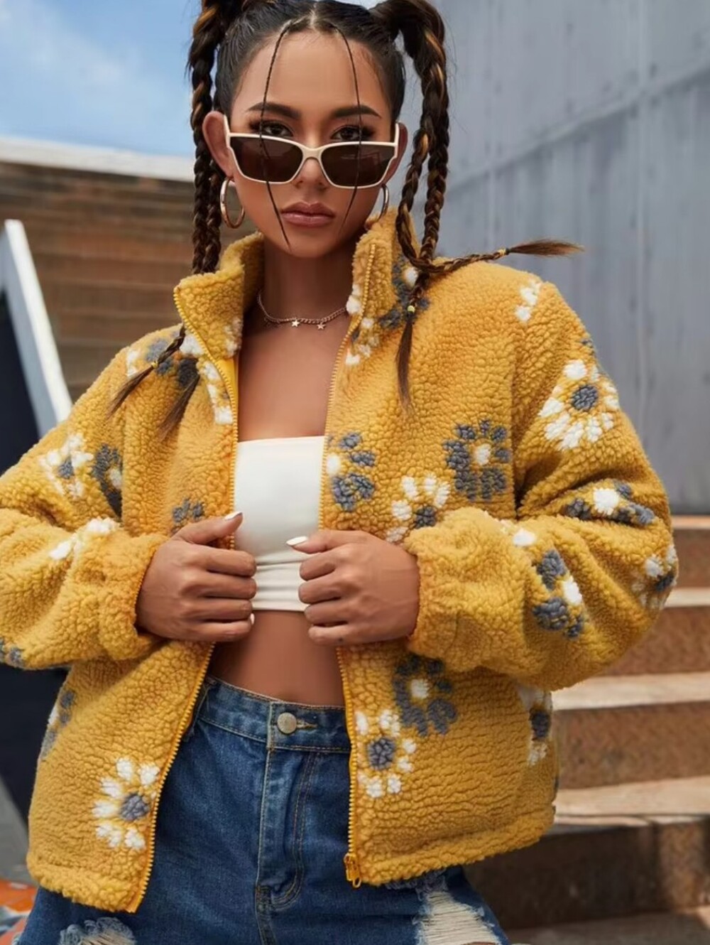 Teddy Floral Zip-Up Jacket in Camel